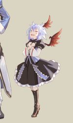 Rule 34 | 1boy, 1girl, :d, ^ ^, blush stickers, book, boots, crossed arms, dress, closed eyes, head wings, horns, morichika rinnosuke, open mouth, short hair, smile, solo focus, tiptoes, tokiko (touhou), touhou, white hair, wings, yamamomo (plank)