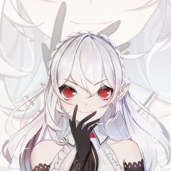 Rule 34 | 1girl, arknights, ascot, bare shoulders, black ascot, black gloves, blush, braid, closed mouth, commentary, crown braid, elbow gloves, gloves, hand on own face, highres, long hair, looking at viewer, pointy ears, red eyes, silver hair, sleeveless, smile, smug, solo, upper body, very long hair, warfarin (arknights), zoom layer