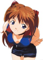 Rule 34 | 1990s (style), 1girl, absurdres, artbook, bare shoulders, blue eyes, breasts, cleavage, hair ornament, hasegawa shin&#039;ya, highres, leaning forward, looking at viewer, miniskirt, neon genesis evangelion, official art, red hair, retro artstyle, scan, shiny skin, simple background, skirt, smile, solo, souryuu asuka langley, twintails, upper body, white background, zipper
