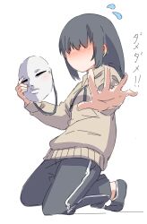 Rule 34 | 1girl, ankle socks, black pants, black socks, blush, brown hoodie, commentary request, drawstring, faceless, faceless female, flying sweatdrops, highres, holding, holding mask, hood, hood down, hoodie, kneeling, kuro kosyou, long sleeves, looking at viewer, mask, unworn mask, original, outstretched arm, pants, simple background, socks, solo, track pants, translation request, white background