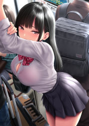Rule 34 | 1girl, backpack, bag, bent over, black hair, black skirt, bow, bowtie, breasts, cleavage, collared shirt, grabbing own arm, grey eyes, kase daiki, large breasts, long hair, long sleeves, looking at viewer, open clothes, original, revision, school uniform, shirt, shirt tucked in, sidelocks, skirt, solo focus, suitcase