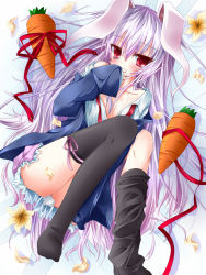 Rule 34 | 1girl, animal ears, bad id, bad pixiv id, bare shoulders, black thighhighs, blazer, blush, carrot, carrying, covering face, covering own mouth, covering privates, female focus, flower, jacket, leg ribbon, legs, light purple hair, long hair, looking at viewer, lying, nemokochi, no bra, no panties, off shoulder, on back, open clothes, open shirt, petals, purple hair, rabbit ears, rabbit girl, rabbit tail, red eyes, reisen udongein inaba, ribbon, shirt, solo, tail, tetsu tissue, thighhighs, thighhighs pull, touhou, very long hair
