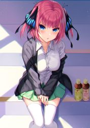 Rule 34 | 1girl, :o, absurdres, black jacket, blue eyes, blunt bangs, blush, bottle, breasts, butterfly hair ornament, collared shirt, commentary request, feet out of frame, from above, go-toubun no hanayome, green skirt, hair ornament, highres, huge filesize, jacket, long sleeves, looking at viewer, looking up, medium breasts, miniskirt, nail polish, nakano nino, nao (okt8538), open clothes, open jacket, open mouth, own hands together, pink hair, pink nails, pleated skirt, school uniform, shirt, short hair, sitting, skirt, solo, stairs, thighhighs, two side up, v-shaped eyebrows, white shirt, white thighhighs, zettai ryouiki