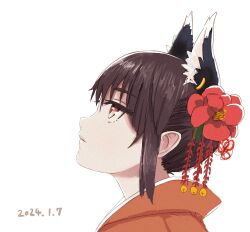 Rule 34 | 1girl, alternate costume, alternate hairstyle, animal ear fluff, animal ear piercing, animal ears, bell, brown eyes, brown hair, cat ears, chen, closed mouth, dated, earrings, expressionless, extra ears, flower, from side, hair flower, hair ornament, half-closed eyes, highres, japanese clothes, jewelry, jingle bell, kabu (yuyuibob), kanzashi, kimono, looking up, orange kimono, portrait, profile, red flower, short hair, sidelocks, simple background, single earring, solo, touhou, white background