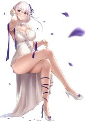 Rule 34 | 1girl, absurdres, arm up, armpits, ass, azur lane, bare shoulders, blurry, breasts, cleavage, crossed legs, depth of field, dress, flower, full body, hair ornament, high heels, highres, invisible chair, large breasts, looking at viewer, numaguro (tomokun0808), petals, purple ribbon, red eyes, ribbon, rose, short hair, simple background, sirius (azur lane), sirius (white rose) (azur lane), sitting, sleeveless, sleeveless dress, solo, thighs, white background, white dress, white footwear, white hair