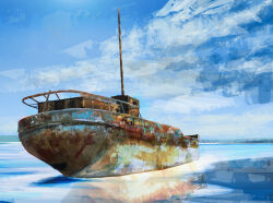 Rule 34 | abandoned, artist self-reference, beached ship, blue sky, boat, cloud, day, highres, horizon, kgt (pixiv12957613), landscape, no humans, ocean, original, outdoors, reflection, reflective water, rust, scenery, sky, watercraft