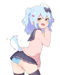 Rule 34 | 13o, 1boy, :d, ass, black bow, black skirt, black thighhighs, blue hair, blue panties, blue tail, bow, clothes lift, dog tail, fang, hair bow, hand on own face, hat, highres, inuyama tamaki, leaning forward, long sleeves, looking at viewer, looking back, male focus, noripro, open mouth, panties, pink sweater, pleated skirt, sailor collar, school uniform, serafuku, shiny skin, skirt, skirt lift, smile, smug, solo, striped clothes, striped panties, sweater, tail, tail wagging, thighhighs, trap, two side up, underwear, virtual youtuber, white background, white hat, yellow eyes