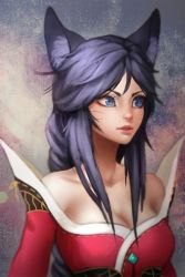 Rule 34 | 1girl, ahri (league of legends), animal ears, artist request, bare shoulders, black hair, blue eyes, breasts, detached sleeves, female focus, fox ears, highres, korean clothes, league of legends, lips, long hair, long sleeves, nose, solo, yellow eyes