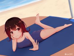Rule 34 | 1girl, ass, beach, beach umbrella, blue sky, blue one-piece swimsuit, blush, breasts, brown eyes, brown hair, cloud, collarbone, competition school swimsuit, competition swimsuit, csr201, day, gradient hair, hair between eyes, head rest, kantai collection, looking at viewer, lying, multicolored hair, mutsuki (kancolle), ocean, on stomach, one-piece swimsuit, outdoors, red hair, sand, school swimsuit, shadow, short hair, signature, sky, small breasts, solo, swimsuit, towel, twitter username, umbrella, water