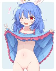 Rule 34 | animal ears, blue dress, blue hair, blush, bottomless, breasts, clothes lift, cowboy shot, dress, dress lift, frilled dress, frills, gluteal fold, groin, heart, highres, lifting own clothes, navel, neko mata, no panties, one eye closed, open mouth, rabbit ears, red eyes, seiran (touhou), touhou, two-tone background, underboob, v