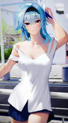 Rule 34 | 1girl, absurdres, alternate costume, arm up, asymmetrical hair, black hairband, blue hair, blue skirt, blurry, blurry background, breasts, casual, clisapex, closed mouth, eula (genshin impact), genshin impact, hair ornament, hair ribbon, hairband, highres, looking at viewer, medium breasts, medium hair, miniskirt, mole, mole on breast, ribbon, shirt, skirt, solo, stairs, strap slip, white shirt, yellow eyes