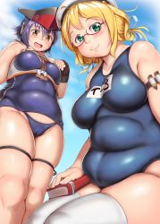 Rule 34 | 2girls, armband, blonde hair, blue one-piece swimsuit, blue sky, blush, book, breasts, brown eyes, cameltoe, character request, closed mouth, collarbone, commentary request, feet out of frame, from below, glasses, green eyes, hair ribbon, hat, highres, kantai collection, large breasts, looking at viewer, medium breasts, medium hair, multiple girls, one-piece swimsuit, open mouth, orizen, plump, purple hair, ribbon, school swimsuit, semi-rimless eyewear, skindentation, sky, smile, swimsuit, tareme, thigh strap, thighhighs, thighs, under-rim eyewear