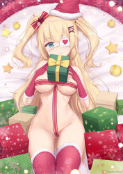 Rule 34 | 1girl, akai haato, areola slip, bauble, blonde hair, blue eyes, box, breasts, christmas, christmas ornaments, eyepatch, fur-trimmed gloves, fur-trimmed legwear, fur trim, gift, gift box, gloves, gluteal fold, hat, highres, hololive, joko jmc, long hair, lying, medical eyepatch, navel, nearly naked ribbon, no bra, no panties, on back, red gloves, red thighhighs, santa hat, short twintails, smile, snowflakes, solo, star (symbol), thighhighs, twintails, underboob, virtual youtuber
