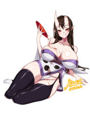 Rule 34 | 1girl, :q, black thighhighs, breasts, brown hair, commission, cup, dated, earrings, facial mark, full body, fundoshi, garter belt, highres, horns, huge breasts, japanese clothes, jewelry, kimono, long hair, looking at viewer, off shoulder, oni, oni horns, original, panties, pointy ears, rantia, red eyes, sakazuki, short kimono, sidelocks, simple background, sitting, skindentation, solo, string panties, thighhighs, thighs, tongue, tongue out, underwear, white background, yokozuwari