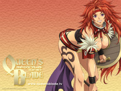 Rule 34 | 00s, 1girl, armband, armor, belt, belt skirt, bent over, breasts, cleavage, copyright name, dated, earrings, from side, halterneck, headband, jewelry, large breasts, leg tattoo, long hair, muscular, official art, official wallpaper, orange background, panties, purple eyes, purple panties, queen&#039;s blade, red armor, red background, red hair, rin-sin, risty (queen&#039;s blade), risty (queen's blade), shield, smile, solo, stud earrings, tattoo, underwear, very long hair, waist cape, wallpaper, watermark, wavy hair, web address, wilderness bandit risty, yellow background