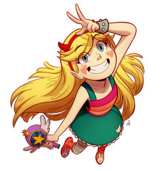 Rule 34 | 1girl, blonde hair, blue eyes, ceejles, dress, eyes visible through hair, full body, grin, hairband, heart cheeks, highres, horns, long hair, pantyhose, signature, smile, solo, star butterfly, star vs the forces of evil, striped clothes, striped dress, striped pantyhose, wand, white background