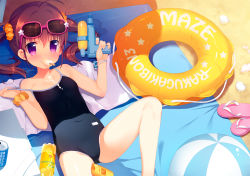 Rule 34 | 1girl, ahoge, ball, bare shoulders, beachball, blush, breasts, brown hair, casual one-piece swimsuit, cleavage, covered navel, cream, eyewear on head, flat chest, flip-flops, food, innertube, leg up, long hair, lying, meito (maze), mouth hold, on back, one-piece swimsuit, original, popsicle, purple eyes, sample watermark, sandals, school swimsuit, scrunchie, small breasts, solo, strap slip, sunglasses, sweat, swim ring, swimsuit, twintails, water gun, watermark, wristband