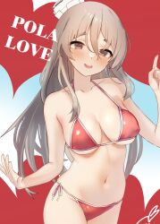 Rule 34 | 1girl, absurdres, bikini, blush, breasts, brown eyes, brown hair, character name, cleavage, covered erect nipples, hair between eyes, hat, heart, highres, kantai collection, large breasts, long hair, looking at viewer, official alternate costume, open mouth, pola (kancolle), red bikini, sakieko, side-tie bikini bottom, solo, swimsuit, very long hair, white hat