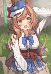 Rule 34 | 1girl, absurdres, animal ears, arm up, bare shoulders, barefoot, blush, breasts, brown hair, commentary request, grass, hair ornament, hairclip, hat, highres, horse ears, looking at viewer, matikane tannhauser (umamusume), medium breasts, medium hair, open mouth, shoes, unworn shoes, sitting, umamusume, wanimaru, wariza, wet