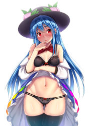 Rule 34 | 1girl, bare shoulders, black bra, black hat, black panties, black thighhighs, blue hair, blue skirt, blush, bow, bow panties, bowtie, bra, breast hold, breasts, cameltoe, clothes lift, cowboy shot, ebi 193, food, fruit, gluteal fold, groin, hair between eyes, hand to own mouth, hat, head tilt, hinanawi tenshi, leaf, lifting own clothes, long hair, looking at viewer, medium breasts, navel, off shoulder, panties, parted lips, peach, petticoat, red bow, red bowtie, red eyes, shirt, simple background, skindentation, skirt, skirt lift, solo, standing, stomach, thighhighs, thighs, touhou, underwear, very long hair, white background, white shirt