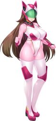 Rule 34 | 1girl, bodysuit, breasts, brown hair, clenched hands, covered eyes, covered navel, full body, gloves, helmet, high heels, highres, himesato momoka, kousoku seiki pallas athena, large breasts, long hair, mario (mario portal), official art, open mouth, skin tight, solo, transparent background
