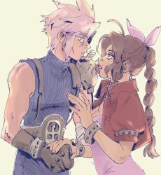 Rule 34 | 1boy, 1girl, aerith gainsborough, ahoge, armor, belt, blonde hair, blue pants, blue shirt, braid, braided ponytail, breasts, brown belt, brown gloves, brown hair, cleavage, cloud strife, cropped jacket, dress, final fantasy, final fantasy vii, gloves, hair between eyes, hair ribbon, highres, holding hands, jacket, leslie hung, long hair, looking at another, medium breasts, pants, parted bangs, parted lips, pink dress, pink ribbon, puffy short sleeves, puffy sleeves, red jacket, ribbon, shirt, short hair, short sleeves, shoulder armor, sidelocks, single bare shoulder, sleeveless, sleeveless turtleneck, spiked hair, square enix, suspenders, turtleneck, upper body, yellow background
