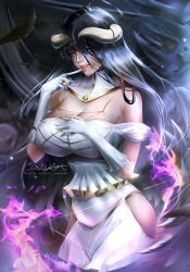 Rule 34 | 1girl, absurdres, albedo (overlord), bare shoulders, black hair, black wings, breasts, cindy (cindyart), cleavage, demon girl, demon horns, dress, feathered wings, gloves, hair between eyes, highres, hip vent, horns, large breasts, long hair, looking at viewer, off-shoulder dress, off shoulder, overlord (maruyama), slit pupils, solo, white dress, white gloves, white horns, wings, yellow eyes