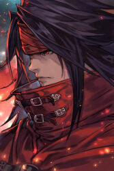 Rule 34 | 1boy, belt buckle, black hair, buckle, cloak, closed mouth, embers, final fantasy, final fantasy vii, final fantasy vii rebirth, final fantasy vii remake, headband, high collar, hungry clicker, long hair, male focus, portrait, red cloak, red eyes, red headband, serious, solo, upper body, vincent valentine