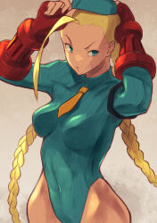 Rule 34 | 1girl, adjusting clothes, adjusting headwear, ahoge, armband, blonde hair, blue eyes, braid, breasts, cammy white, commentary request, covered navel, cowboy shot, facial scar, fingerless gloves, garrison cap, gloves, green leotard, hat, highres, huge ahoge, leotard, long hair, looking at viewer, medium breasts, necktie, ribbed leotard, scar, scar on cheek, scar on face, signature, solo, street fighter, street fighter zero (series), thong leotard, twin braids, twintails, very long hair, yuenibushi