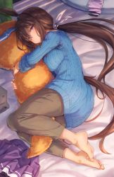 Rule 34 | 1girl, admire vega (umamusume), animal ears, barefoot, bed sheet, blue dress, blue sweater, breast press, breasts, brown hair, brown pants, closed mouth, clothing cutout, commentary request, dress, full body, hair ribbon, highres, horse ears, horse girl, horse tail, indoors, large breasts, long hair, looking at viewer, low ponytail, lying, hugging object, on bed, on side, pants, purple eyes, purple skirt, ribbon, skirt, unworn skirt, solo, starheart, stuffed carrot, sweater, sweater dress, tail, tail through clothes, umamusume, very long hair, white ribbon