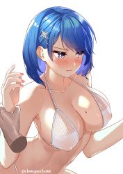 Rule 34 | 1girl, azur lane, bare shoulders, bikini, blue eyes, blue hair, blush, breasts, chapayev (azur lane), chungmechanic, cleavage, closed mouth, collarbone, commentary request, covered erect nipples, hair behind ear, hair ornament, hairclip, halterneck, highres, holding another&#039;s arm, large breasts, medium hair, mole, mole on breast, nail polish, pink nails, string bikini, swept bangs, swimsuit, upper body, white bikini