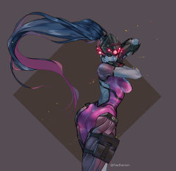 Rule 34 | 1girl, ass, back cutout, black hair, bodysuit, breasts, clothing cutout, colored skin, from behind, gloves, head-mounted display, high ponytail, highres, long hair, looking back, medium breasts, multicolored hair, overwatch, overwatch 1, pink bodysuit, pouch, purple hair, purple skin, skin tight, solo, thigh pouch, two-tone hair, very long hair, widowmaker (overwatch), yellow eyes, yunatsai m
