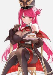Rule 34 | alternate costume, bodysuit, breasts, cake, cake slice, chair, detached sleeves, eating, feet out of frame, food, fork, fruit, gloves, hat, heart, heart-shaped pupils, heterochromia, highres, hololive, houshou marine, houshou marine (marching band), jacket, large breasts, long hair, official alternate costume, pikattzo, plate, red hair, see-through bodysuit, sitting, strawberry, symbol-shaped pupils, virtual youtuber, white background, zipper
