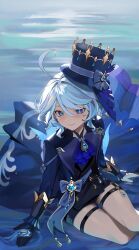 Rule 34 | 1girl, ahoge, ascot, asymmetrical gloves, black coat, black gloves, black shorts, blue ascot, blue bow, blue brooch, blue eyes, blue gemstone, blue hair, blue hat, blue jacket, blush, bow, closed mouth, coat, commentary, drop-shaped pupils, feet out of frame, furina (genshin impact), furrowed brow, gem, genshin impact, gloves, hair between eyes, hair intakes, hat, hat bow, heterochromia, hievasp, highres, jacket, light blue hair, long hair, long sleeves, looking at viewer, mismatched gloves, purple eyes, short hair, shorts, sitting, smile, solo, swept bangs, symbol-shaped pupils, thigh strap, top hat, wading, waist bow, waist brooch, waist cape, water, wavy hair, white gloves, yokozuwari