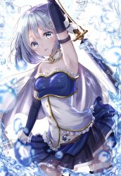 Rule 34 | 1girl, absurdres, arm up, armpits, bare shoulders, belt buckle, blue eyes, blue hair, blue skirt, breasts, buckle, cape, commentary request, cowboy shot, cutlass, detached sleeves, eighth note, elbow gloves, fortissimo, gloves, hair ornament, highres, looking at viewer, magical girl, mahou shoujo madoka magica, mahou shoujo madoka magica (anime), mahou shoujo madoka magica movie 1 &amp; 2, miki sayaka, miki sayaka (magical girl), musical note, musical note hair ornament, parted lips, quarter note, quaver, saber (weapon), semiquaver, short hair, sixteenth note, skirt, small breasts, solo, soul gem, staff (music), sword, thighhighs, ukiukikiwi2525, water, water drop, weapon, white cape, white gloves, white thighhighs, zettai ryouiki