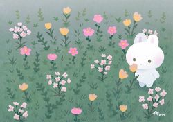Rule 34 | ayu (mog), blush, rabbit, flower, grass, no humans, original, parted lips, pink flower, signature, symbol-only commentary, white flower, yellow flower