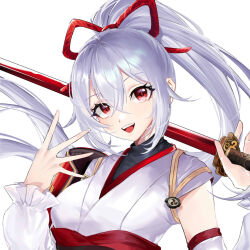 Rule 34 | 1girl, :d, breasts, fate/grand order, fate (series), holding, holding sword, holding weapon, long hair, medium breasts, open mouth, phanta, ponytail, red eyes, smile, solo, sword, teeth, tomoe gozen (fate), upper teeth only, weapon, white background, white hair