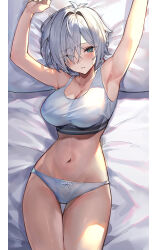 Rule 34 | 1girl, absurdres, armpits, arms up, bare arms, bare shoulders, blush, bow, bow panties, breasts, cleavage, commentary request, cowboy shot, green eyes, grey hair, hair intakes, highres, kabi (zcwd8845), large breasts, lying, navel, on back, original, paid reward available, panties, parted lips, short hair, sleeveless, solo, stomach, thigh gap, thighs, underwear, white panties