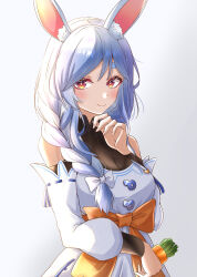 Rule 34 | 1girl, animal ear fluff, animal ears, black bodysuit, blue hair, bodysuit, bow, braid, braided ponytail, carrot in pocket, detached sleeves, dress, hair bow, highres, hololive, long hair, looking at viewer, mature female, pekomama, rabbit-shaped pupils, rabbit ears, rabbit girl, red eyes, short eyebrows, solo, striped clothes, suzuka (suzukawu), symbol-shaped pupils, virtual youtuber, white background, white bow, white dress, white hair, white sleeves