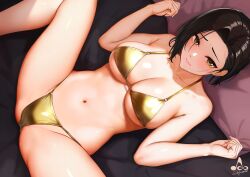 Rule 34 | 1girl, bikini, black hair, blush, breasts, cleavage, closed mouth, collarbone, commentary request, highres, infinote, large breasts, lying, navel, on back, original, pillow, solo, spread legs, stomach, swimsuit, thighs, underboob, yashiki yuuko (infinote), yellow bikini, yellow eyes