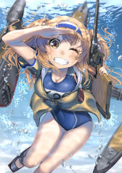 Rule 34 | 1girl, air bubble, breasts, brown eyes, brown jacket, bubble, cleavage, clothes writing, day, diving, freediving, gun, hairband, highres, i-26 (kancolle), jacket, kantai collection, large breasts, light brown hair, long hair, machinery, name tag, new school swimsuit, ocean, one-piece swimsuit, one eye closed, outdoors, rigging, sailor collar, salute, sandals, school swimsuit, short sleeves, smile, solo, submerged, swimming, swimsuit, swimsuit under clothes, teeth, two-tone hairband, two side up, underwater, water, weapon, zombie mogura
