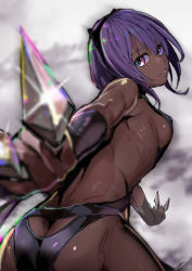 Rule 34 | 1girl, absurdres, akechi shizuku, ass, backless leotard, between fingers, black hairband, black legwear, black sleeves, blue eyes, breasts, butt crack, dark-skinned female, dark skin, detached sleeves, fate/prototype, fate/prototype: fragments of blue and silver, fate (series), from behind, grey background, hair between breasts, hairband, hassan of serenity (fate), head tilt, highres, holding, holding knife, knife, knives between fingers, leotard, looking at viewer, looking back, outstretched arm, parted lips, purple hair, short hair, sideboob, solo