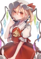Rule 34 | 1girl, ascot, blonde hair, cowboy shot, crystal wings, dress, flandre scarlet, frills, hat, highres, medium hair, mob cap, puffy short sleeves, puffy sleeves, red dress, red eyes, red nails, short sleeves, simple background, solo, touhou, violet (mesy4285), white background, yellow ascot