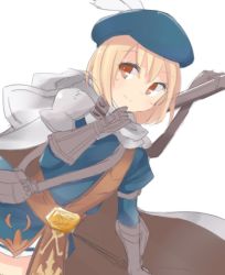 Rule 34 | 10s, 1girl, bad id, bad twitter id, beret, blonde hair, cape, djeeta (granblue fantasy), granblue fantasy, gun, hat, hawkeye (granblue fantasy), orange eyes, seedflare, short hair, shoulder pads, simple background, sketch, smile, solo, weapon, white background
