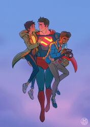 Rule 34 | 1girl, 2boys, black hair, blue bodysuit, blue jacket, blush, bodysuit, camera, cape, carrying, carrying person, couple, dark skin, dc comics, eye contact, flying, green jacket, hand on another&#039;s hip, hand on another&#039;s shoulder, highres, holding, holding camera, hood, hooded jacket, jacket, jimmy olsen, lois lane, looking at another, looking down, mcguinnessjohn, multiple boys, my adventures with superman, open mouth, red cape, short hair, smile, superman, superman (series), teeth