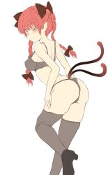 Rule 34 | 1girl, ass, back, blush, bow, bra, braid, cat tail, flat color, grey thighhighs, hair bow, hair ornament, high heels, highres, kaenbyou rin, long hair, looking at viewer, looking back, mokumokuren (atariya kyoushitsu), multiple tails, nekomata, no ears, one eye closed, panties, pointy ears, red eyes, red hair, simple background, solo, tail, thighhighs, thong, touhou, twin braids, underwear, underwear only, white background