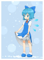 Rule 34 | 1girl, bad id, bad pixiv id, bloomers, blue eyes, blue hair, bow, child, cirno, clothes lift, dress, dress lift, full body, hair bow, matching hair/eyes, nagian, short hair, skirt, skirt basket, skirt lift, smile, snowing, solo, standing, touhou, underwear, wings