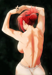 Rule 34 | 1girl, alternate hairstyle, arms up, back, back focus, backboob, braid, breasts, commentary request, dimples of venus, facing away, french braid, from behind, hair ornament, hair stick, highres, hong meiling, interlocked fingers, koyubi (littlefinger1988), large breasts, muscular, muscular female, neck, own hands together, red hair, scar, solo, toned, topless, touhou, upper body