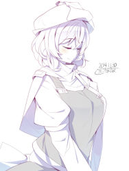 Rule 34 | 1girl, 2014, blush, breasts, dated, closed eyes, hat, highres, juliet sleeves, kokka han, large breasts, letty whiterock, long sleeves, mob cap, monochrome, puffy sleeves, short hair, smile, solo, touhou, upper body, v arms