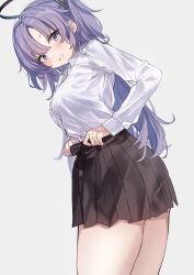 Rule 34 | 1girl, black skirt, blue archive, blue eyes, blush, breasts, commentary, cowboy shot, dress shirt, dressing, eyelashes, eyes visible through hair, halo, highres, large breasts, long hair, long sleeves, looking at viewer, miniskirt, open mouth, parted bangs, pleated skirt, ponpon nun, purple hair, red pupils, shirt, skirt, solo, standing, sweat, thighs, two side up, very long hair, white shirt, yuuka (blue archive)